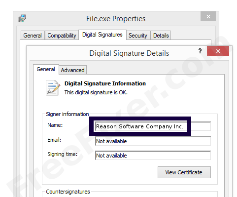 Screenshot of the Reason Software Company Inc. certificate